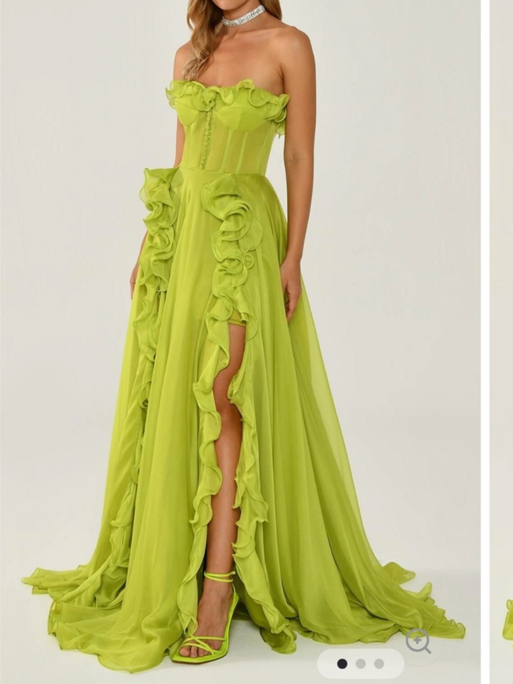 Strapless Ruffle Sweetheart Maxi Dress in Lime